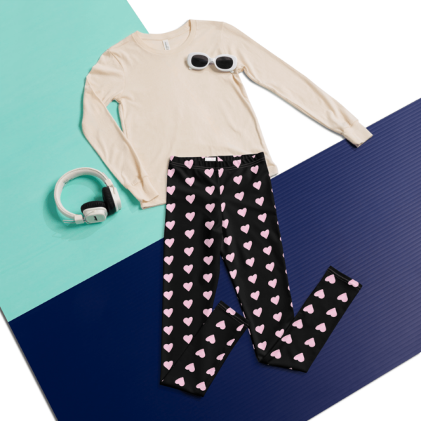 Youth Leggings with Pink Heart Pattern, Black Yoga Leggings - Image 9