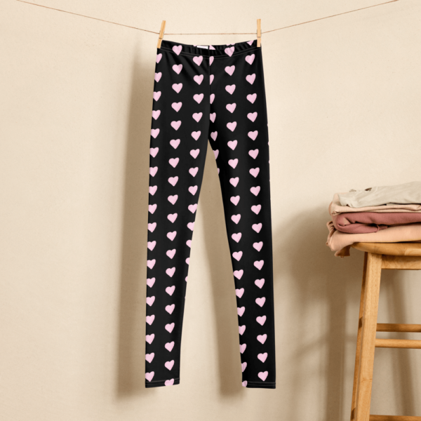 Youth Leggings with Pink Heart Pattern, Black Yoga Leggings - Image 6
