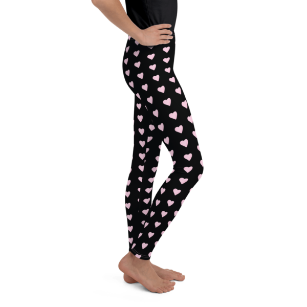 Youth Leggings with Pink Heart Pattern, Black Yoga Leggings - Image 4