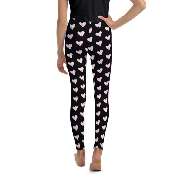 Youth Leggings with Pink Heart Pattern, Black Yoga Leggings - Image 3