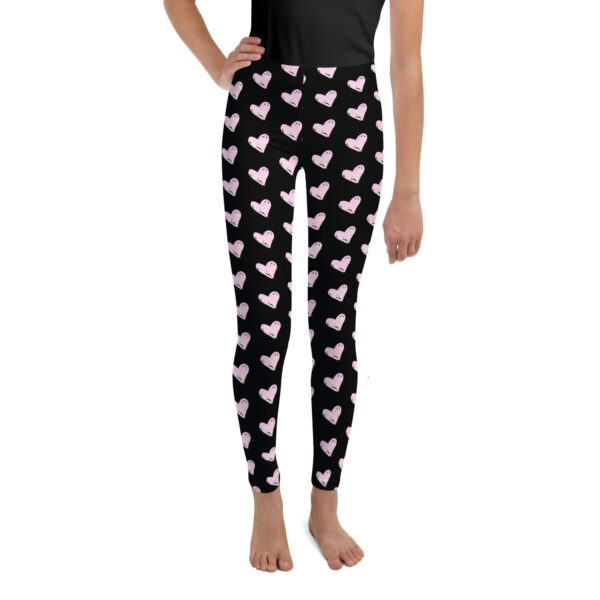 Youth Leggings with Pink Heart Pattern, Black Yoga Leggings