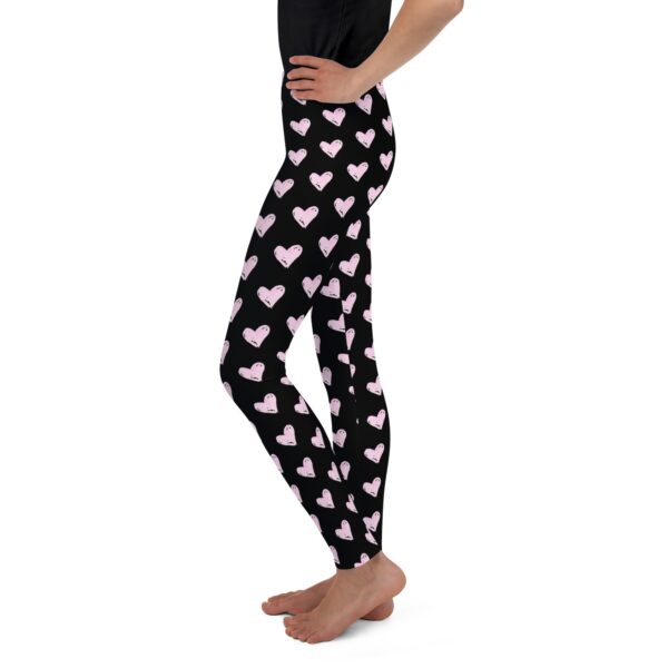 Youth Leggings with Pink Heart Pattern, Black Yoga Leggings - Image 2